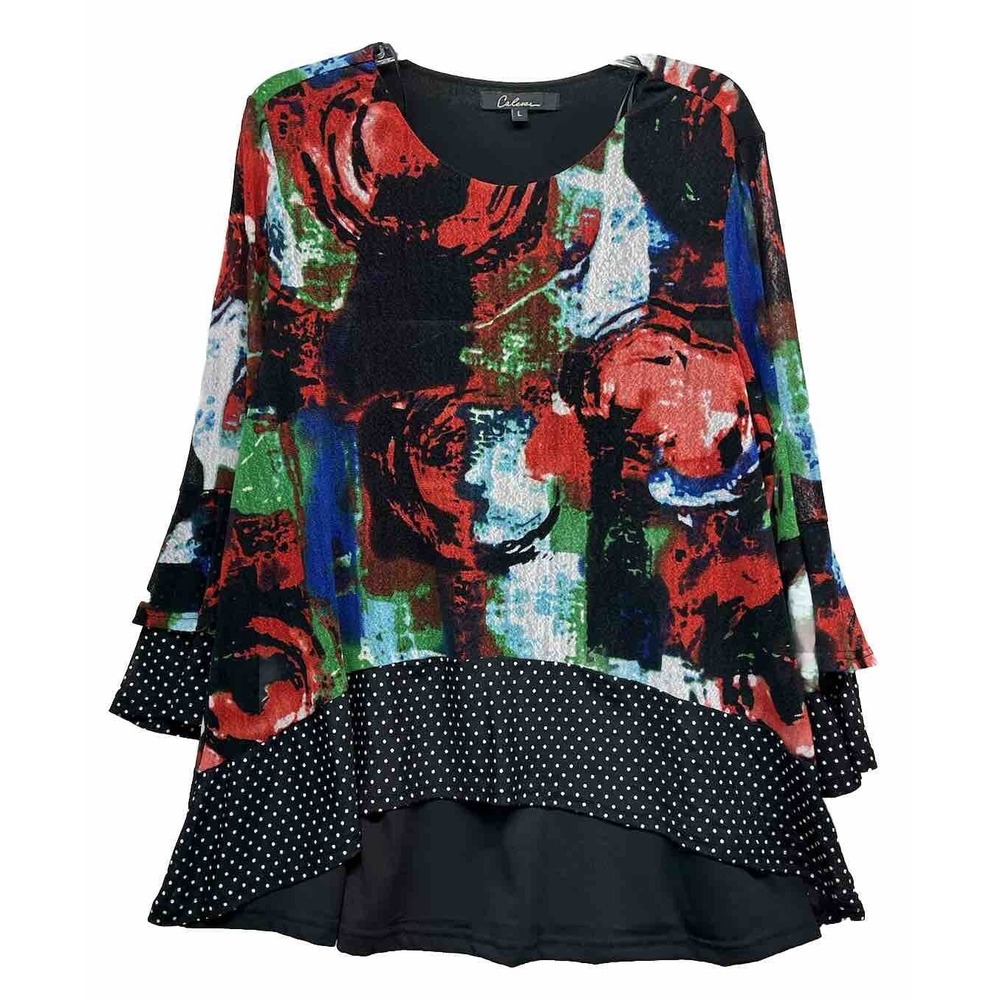 Caleaas Womens Size L Red Long Bell Sleeve Pullover Printed Blouse Top (K8)
